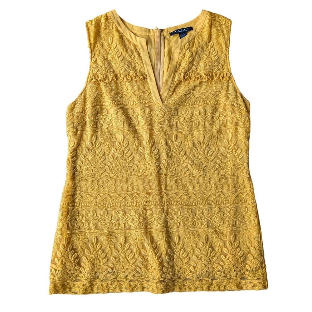 Laundry by Shelli Segal‎ Yellow Embroidered Sleeveless V Neck cotton top Size 12 - Picture 2 of 7